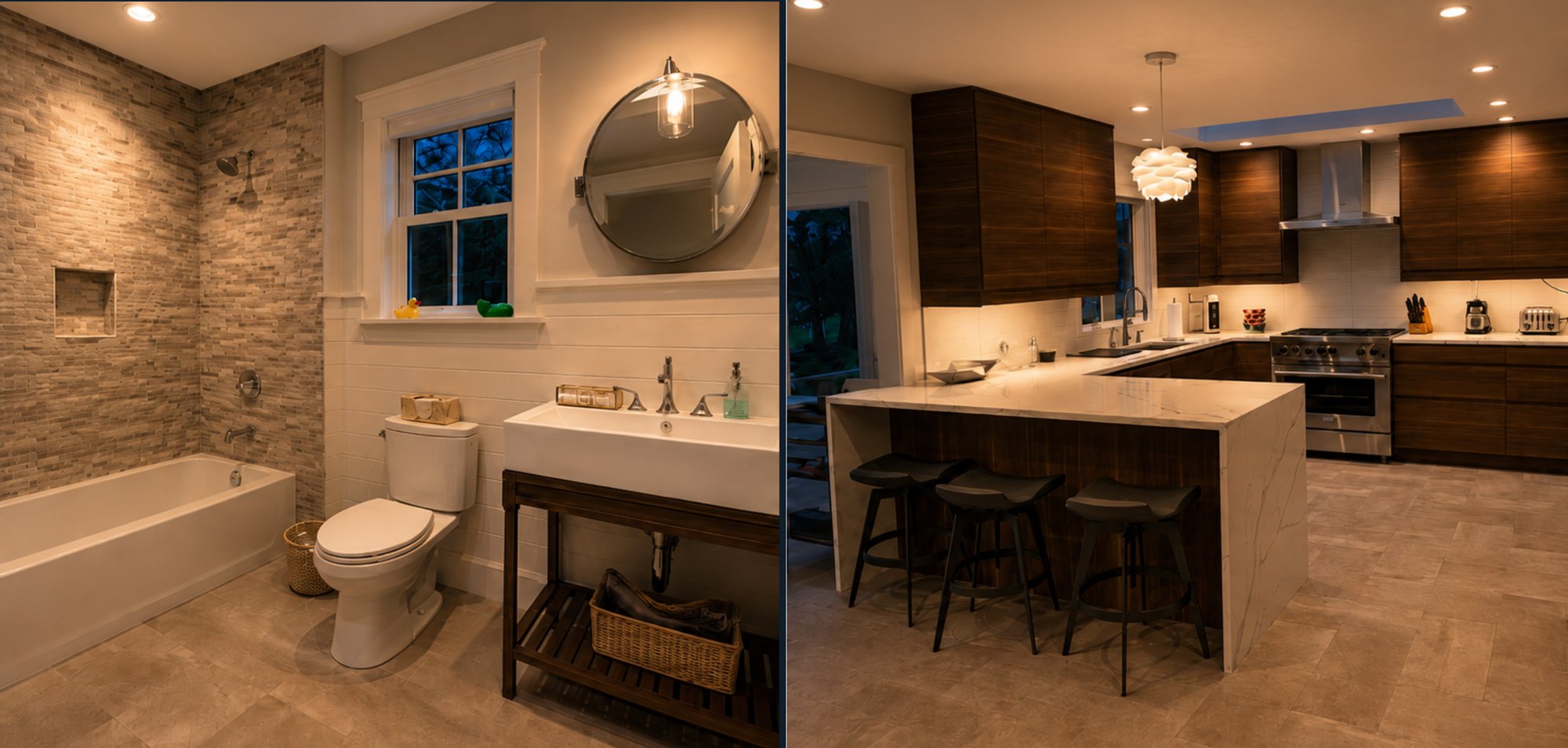 Renovated bathroom and kitchen